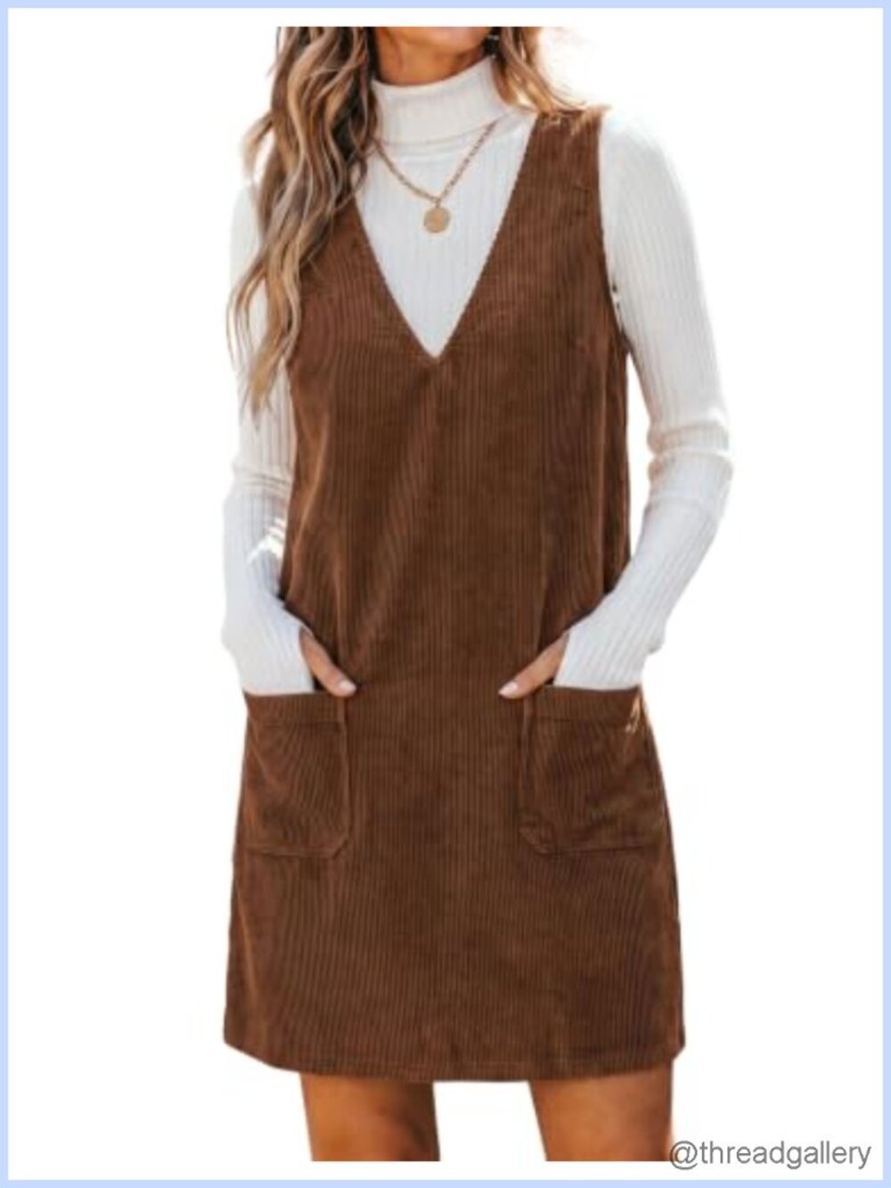 Corduroy Overall Dress V Neck A-Line Mini Pinafore with Pockets